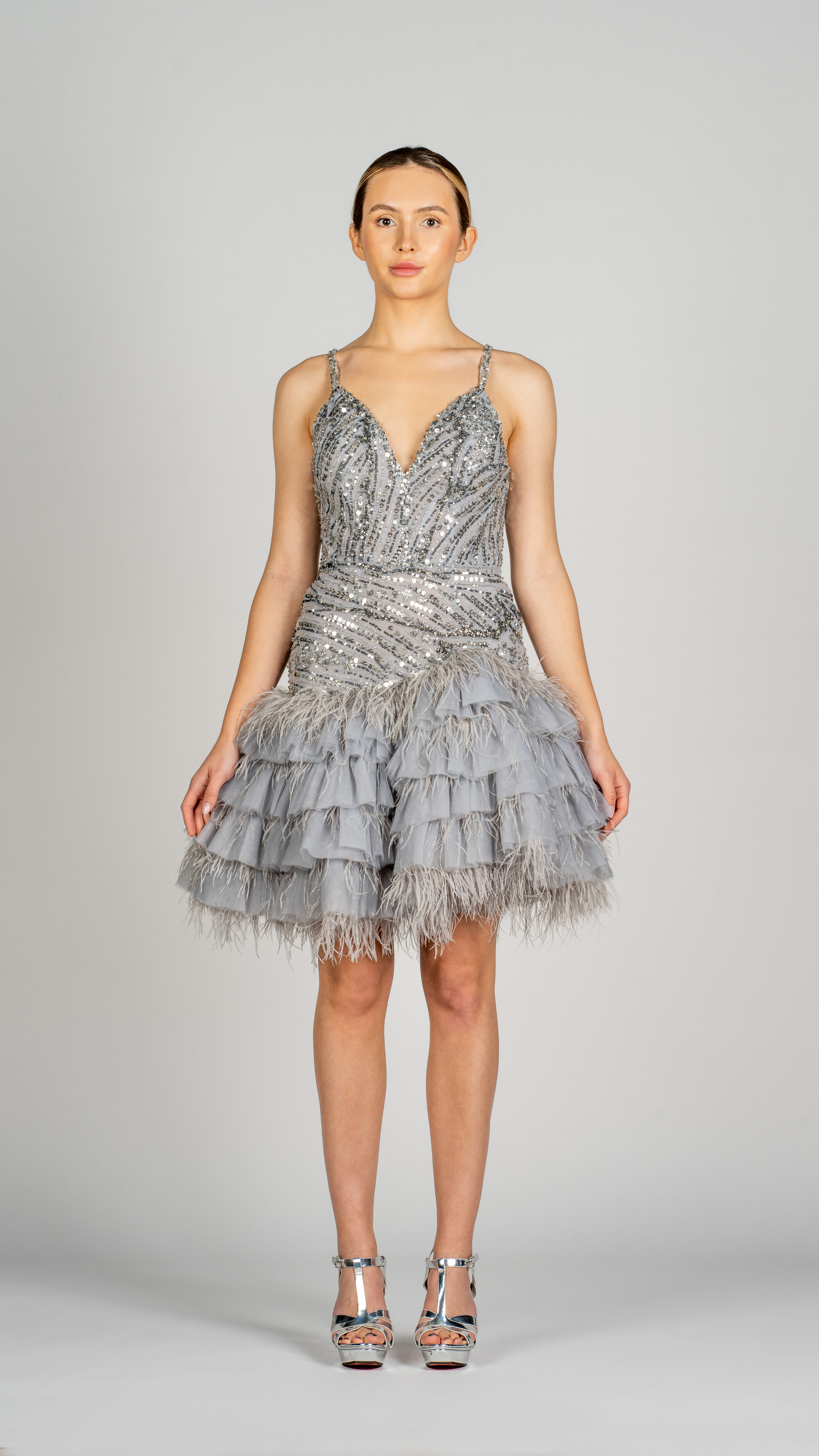 Short Party Dress with Tulle Ruffles & Feathers