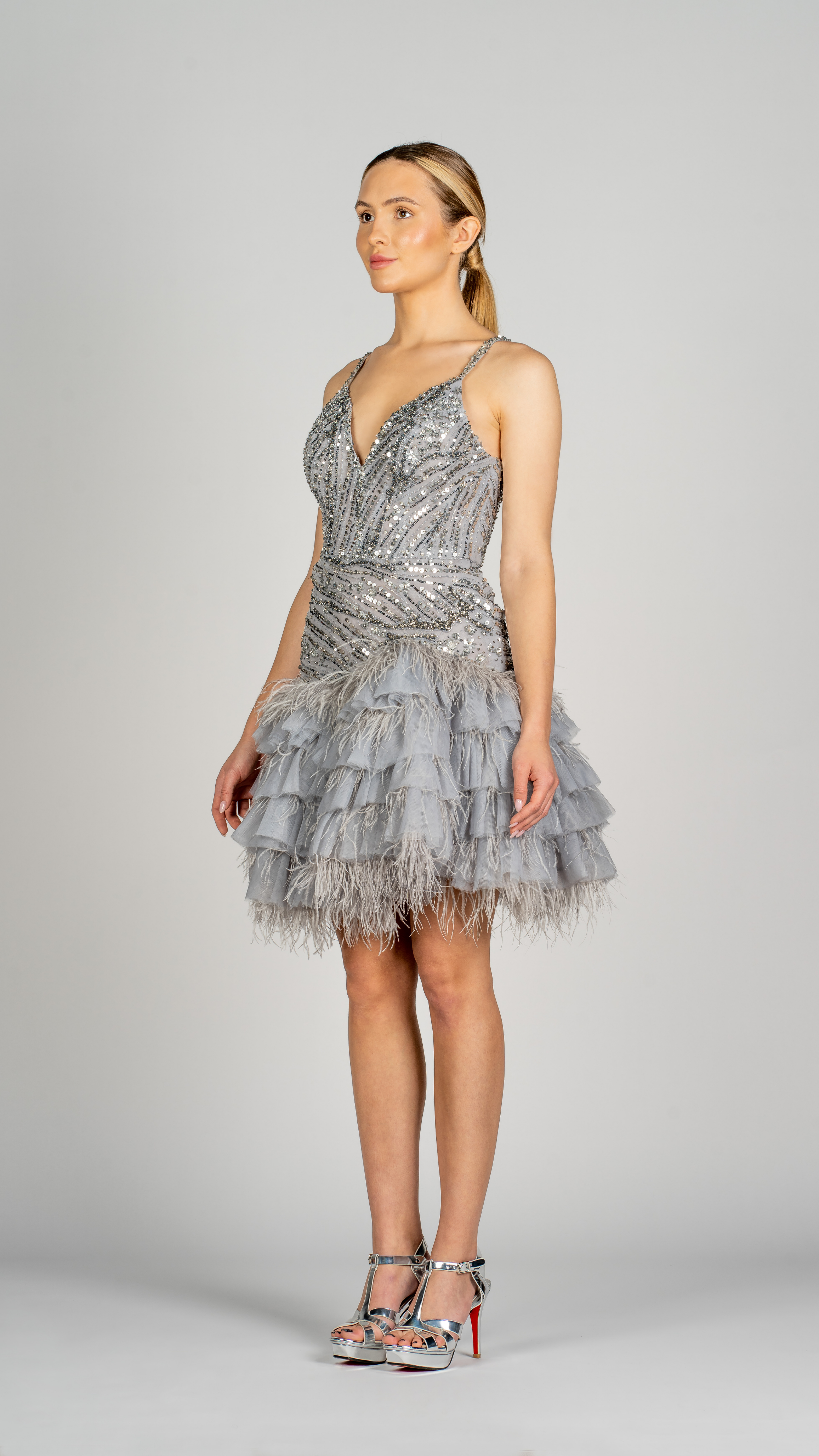 Short Party Dress with Tulle Ruffles & Feathers