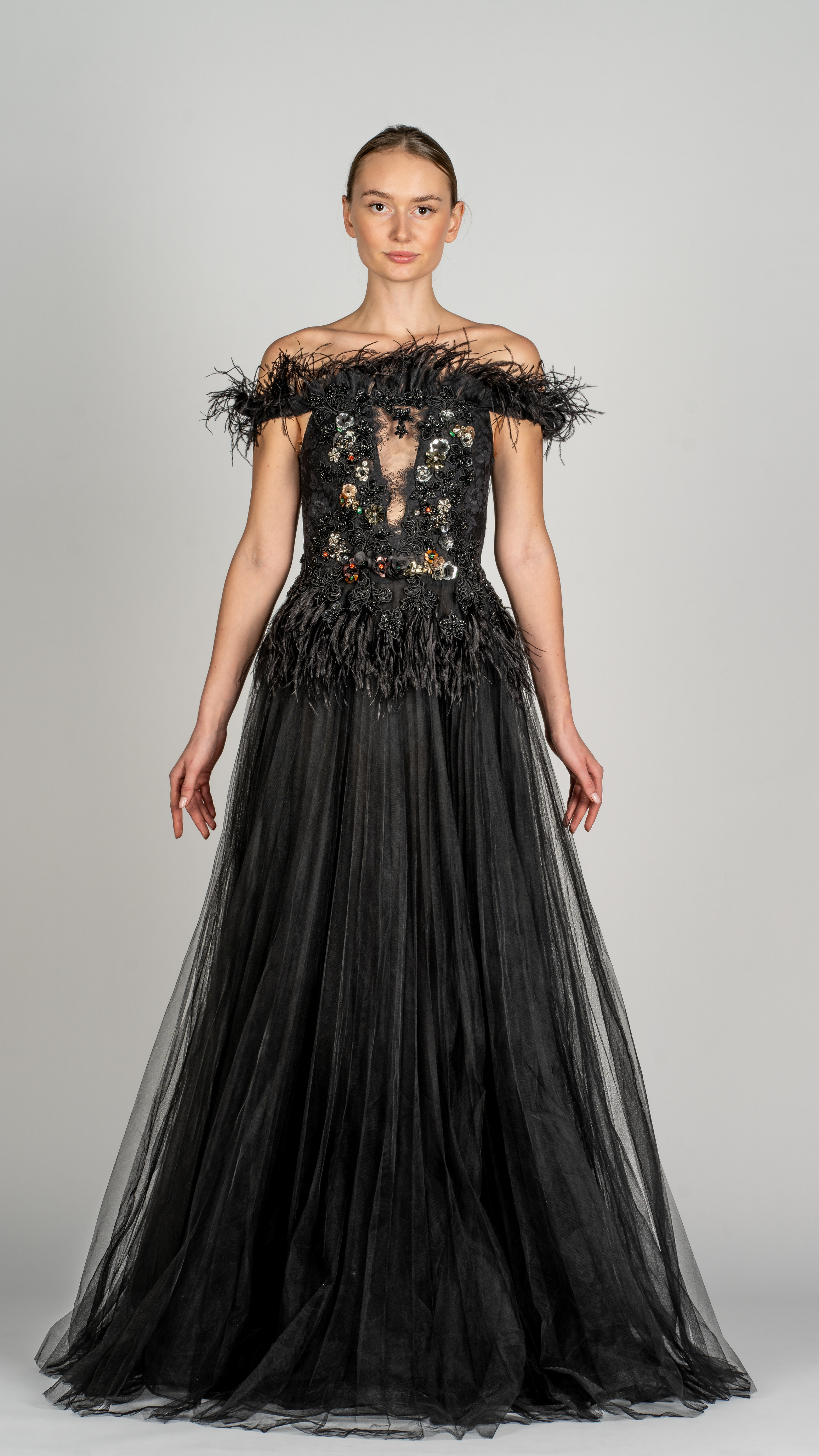Dramatic Black Tulle Gown with Pleated Skirt