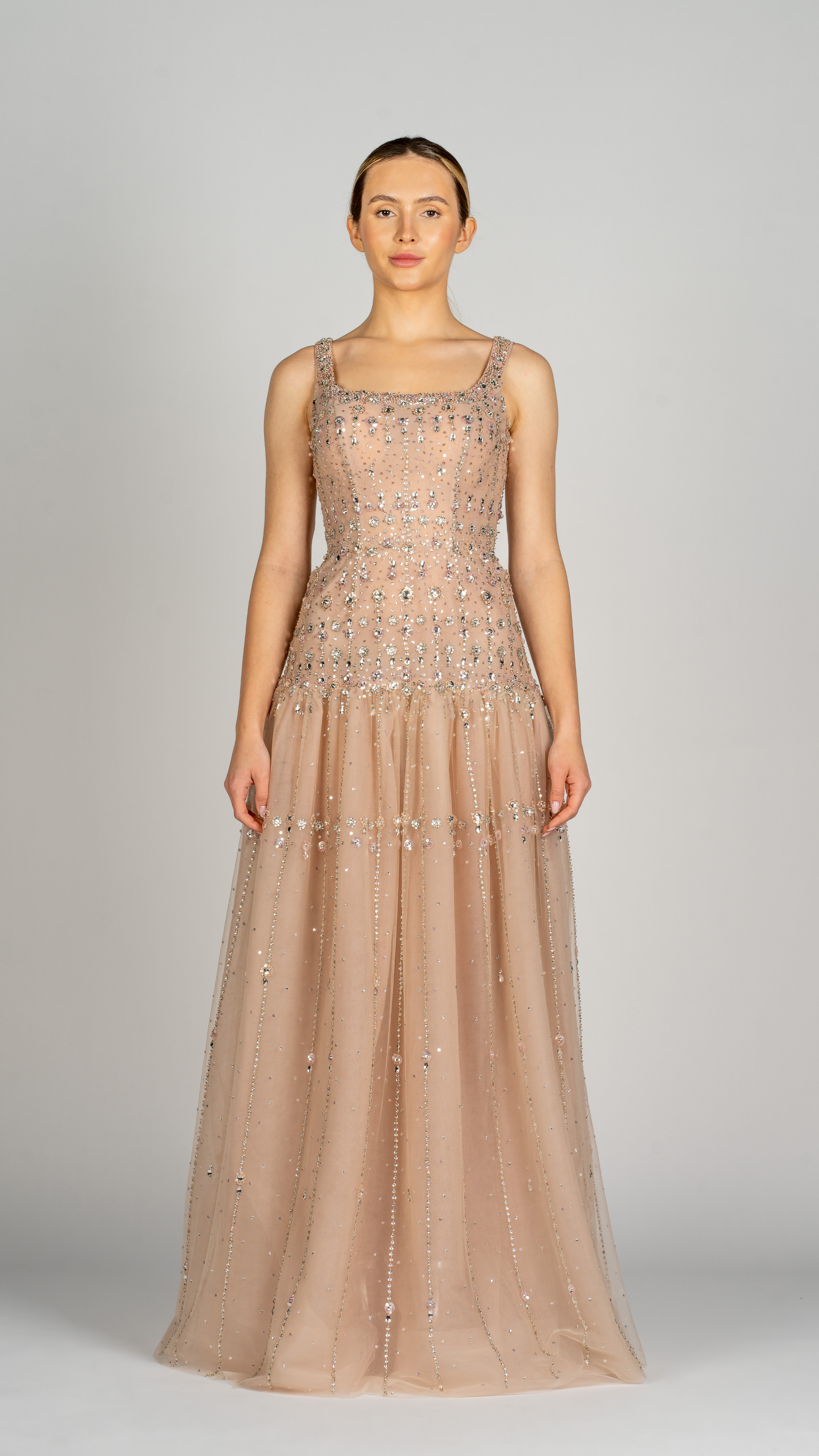 Long Dress With Elegant Crystal Beading