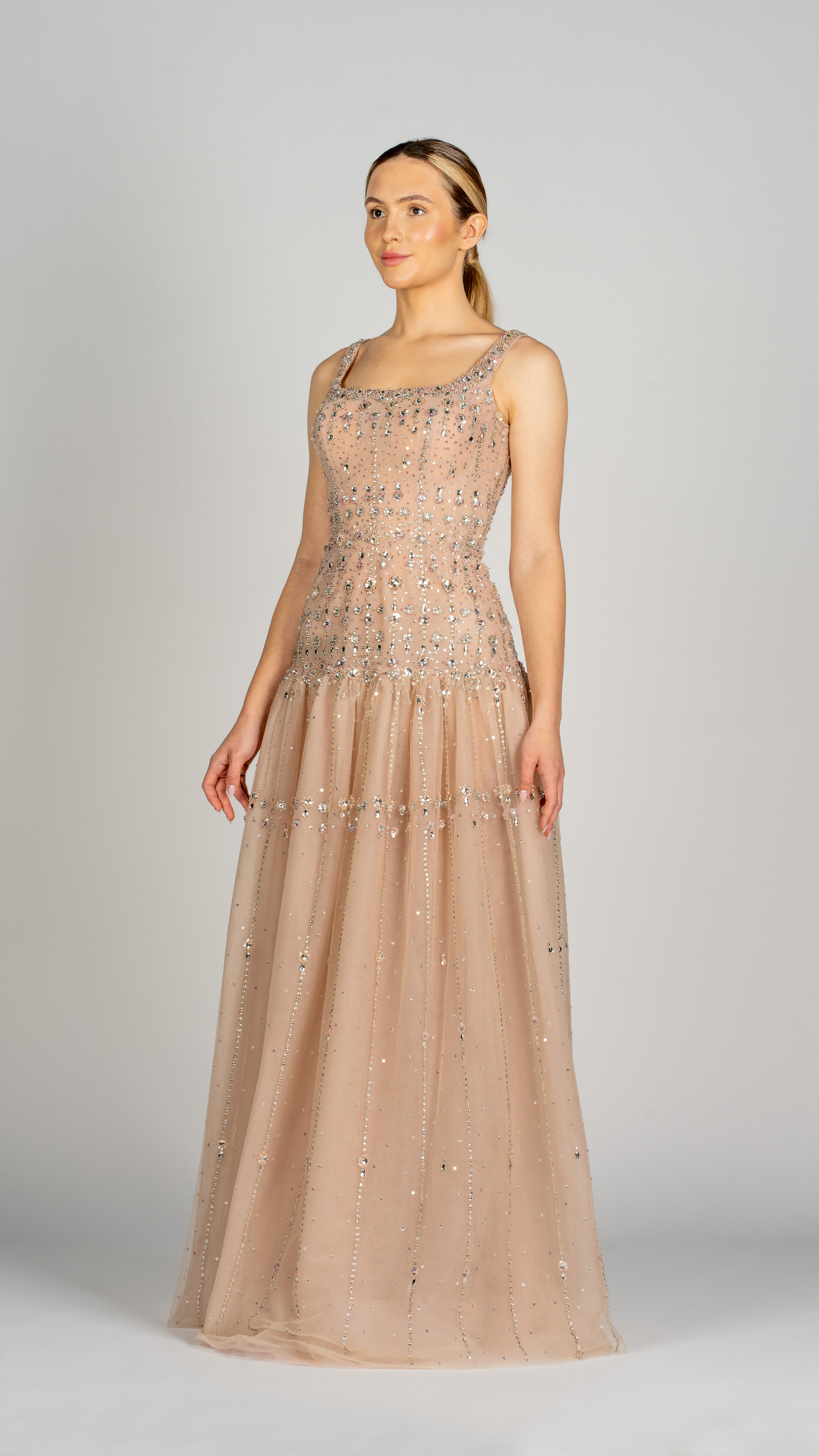 Long Dress With Elegant Crystal Beading