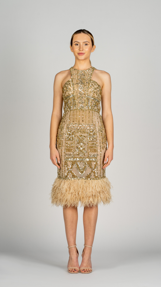 Midi Cocktail Dress with Feathers on the Hemline