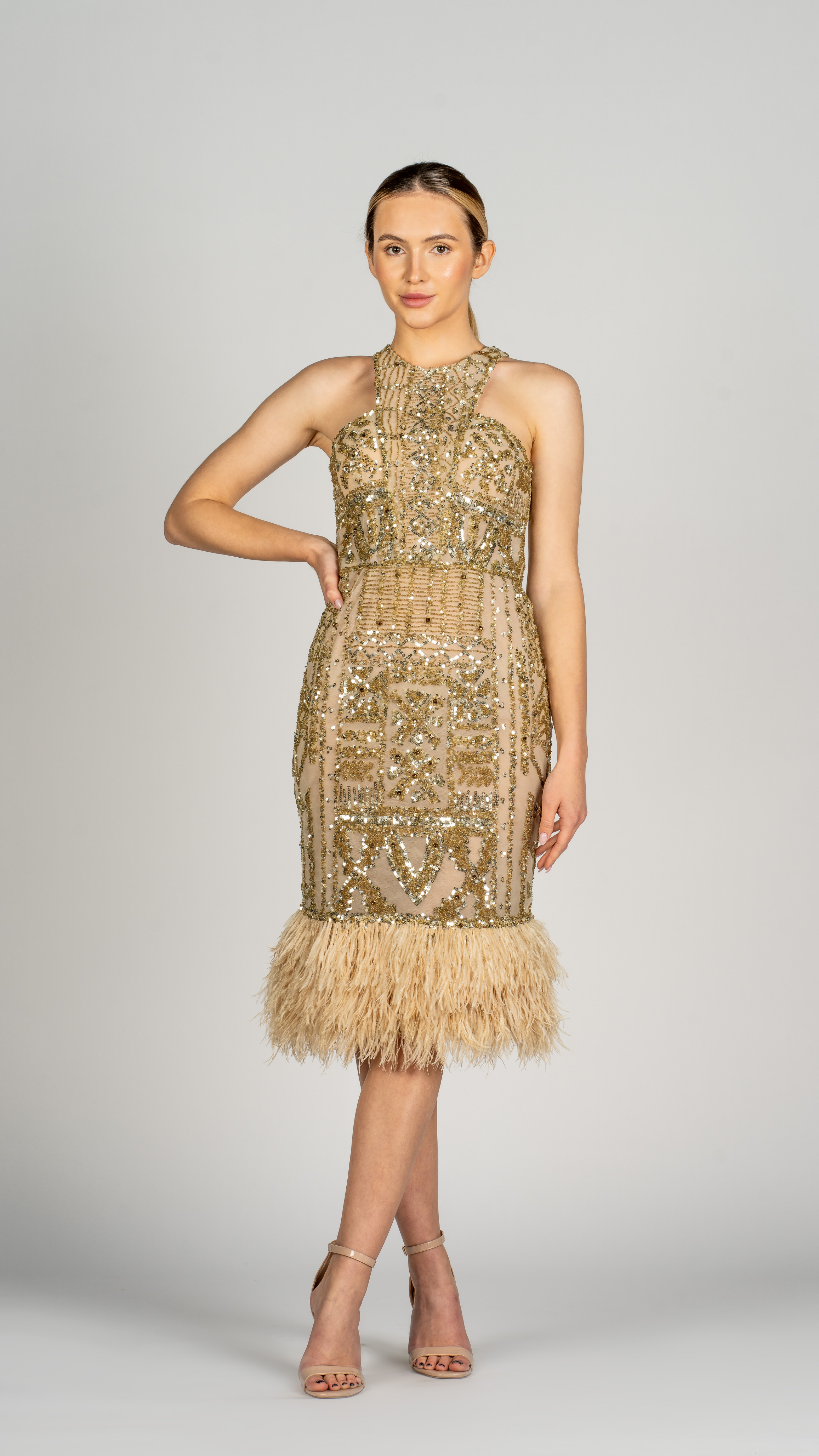 Midi Cocktail Dress with Feathers on the Hemline