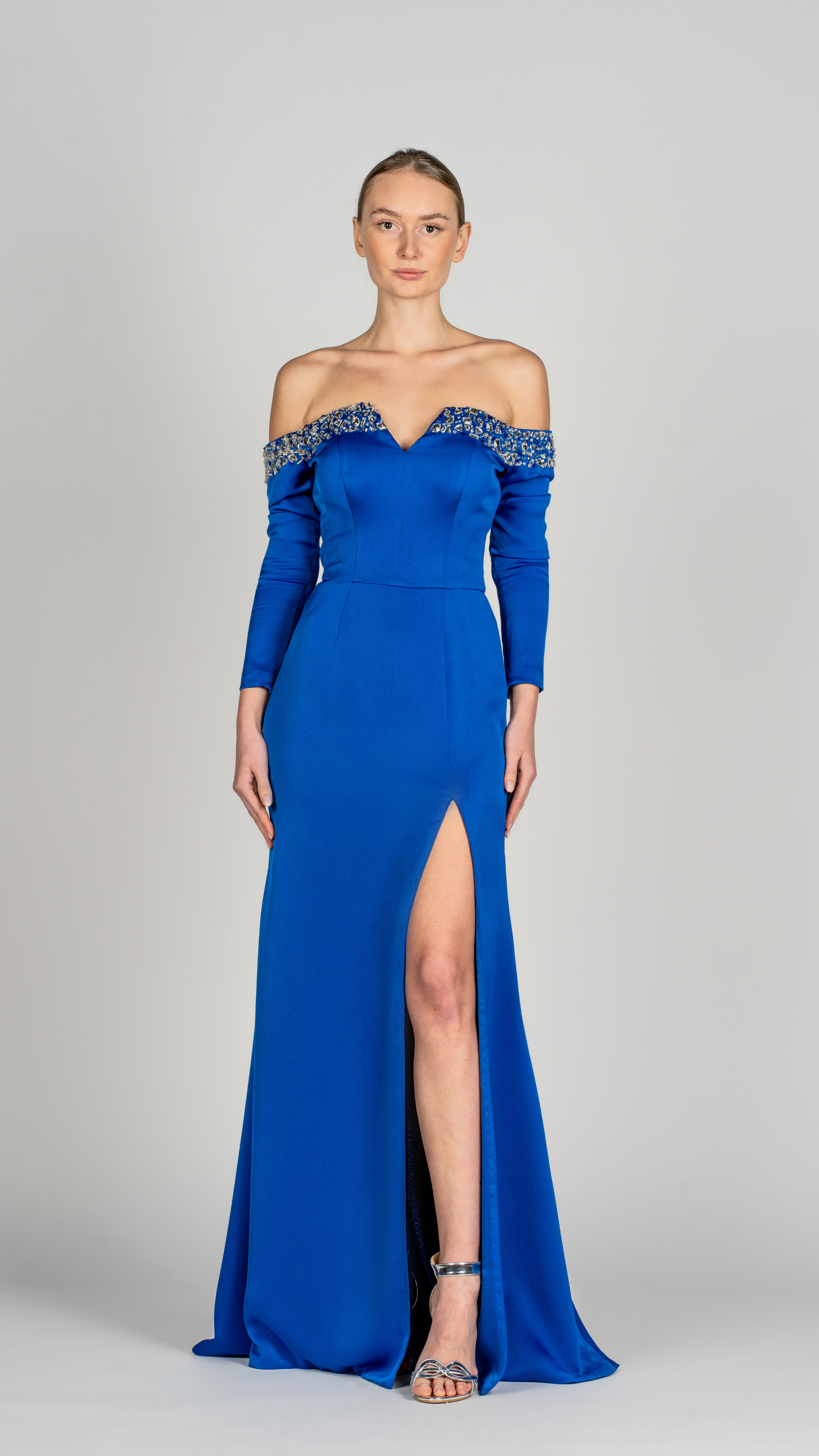 Royal Blue Long Fitted Crepe-Georgette Dress
